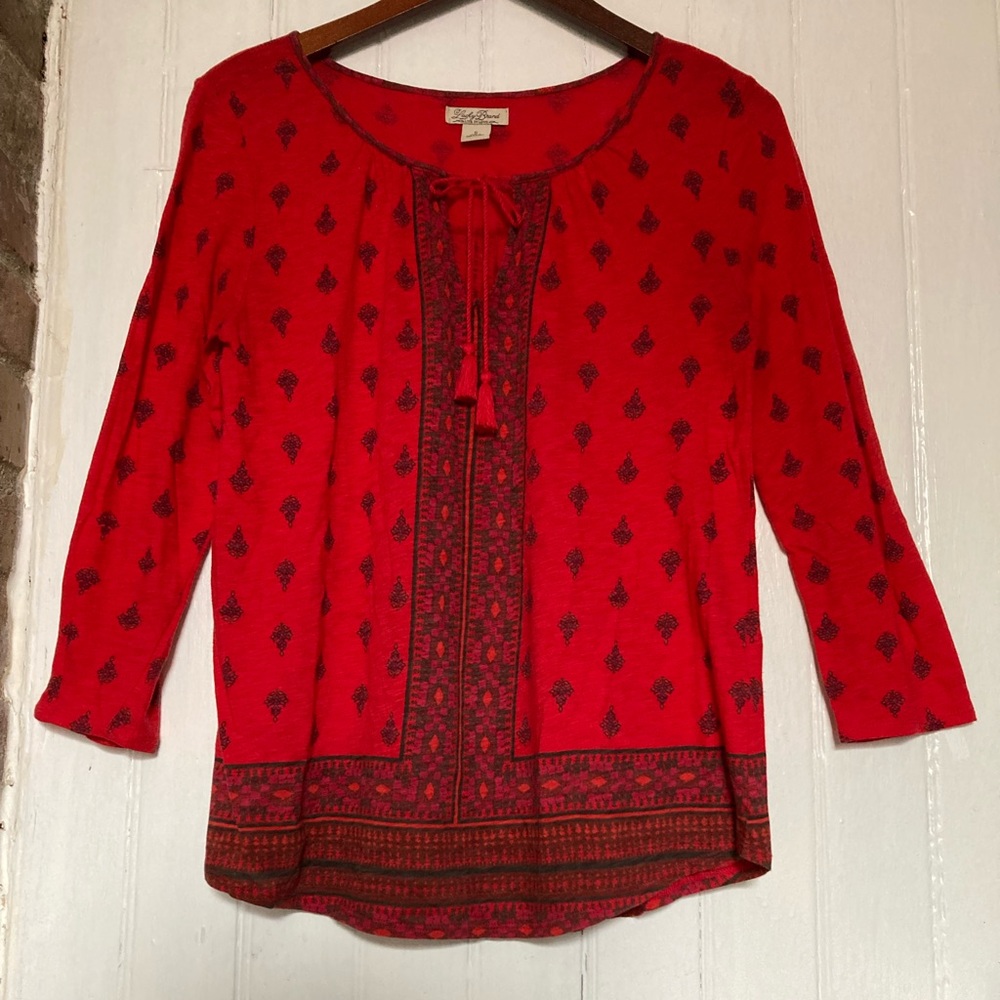 *3 for $20* Lucky Brand long-sleeve paisley tee, red, tassel-tie v-neck, size S.